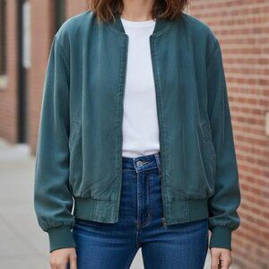 Ladie's Forest Green Silk Bomber Jacket